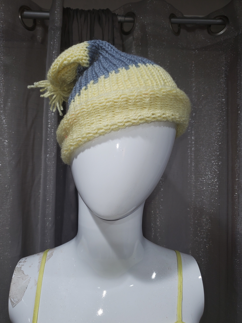 Hand-Knit Yellow and Gray Pom Beanie - Women Accessories